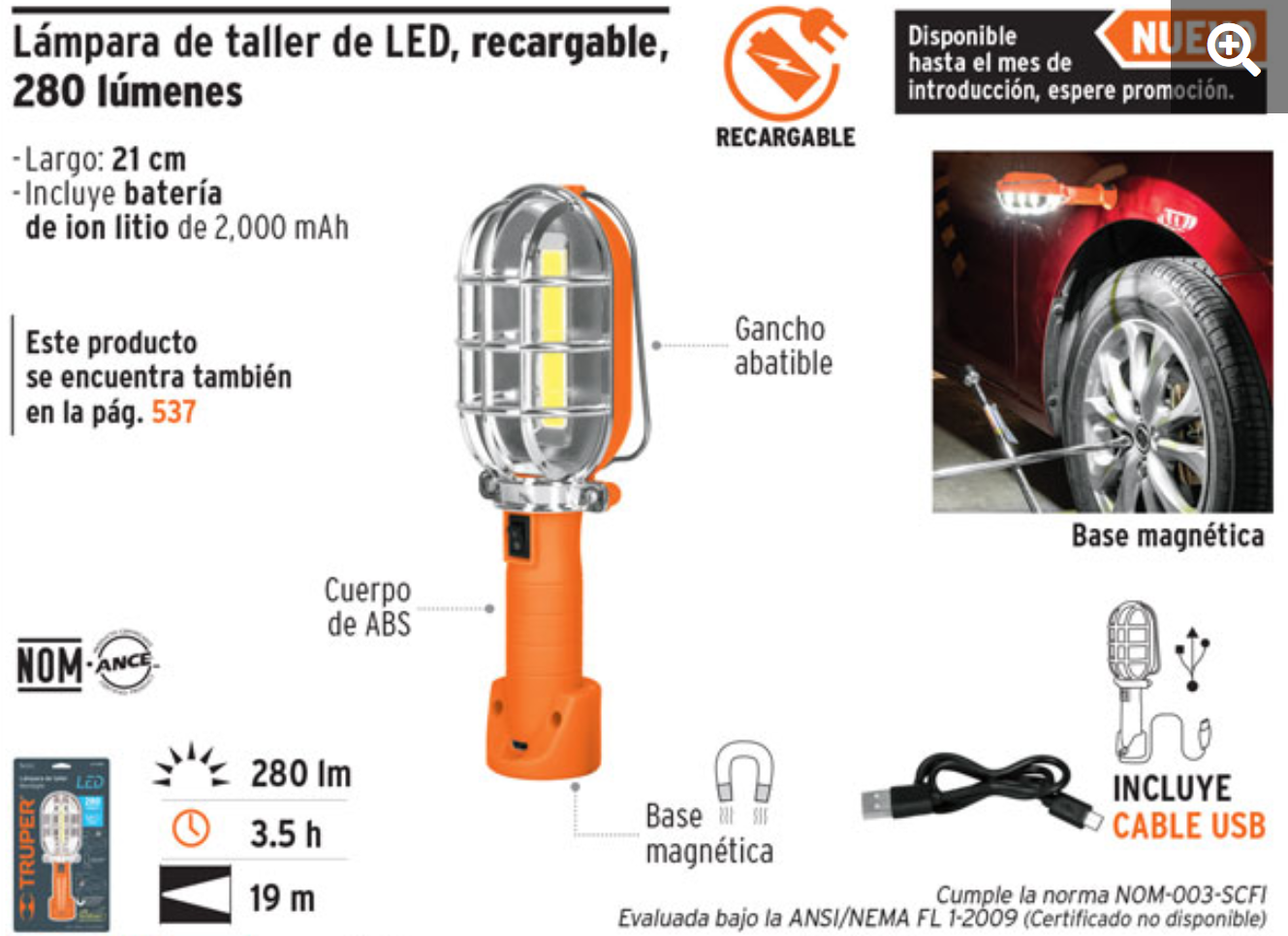 Lampara LED de taller, recargable,280 lm