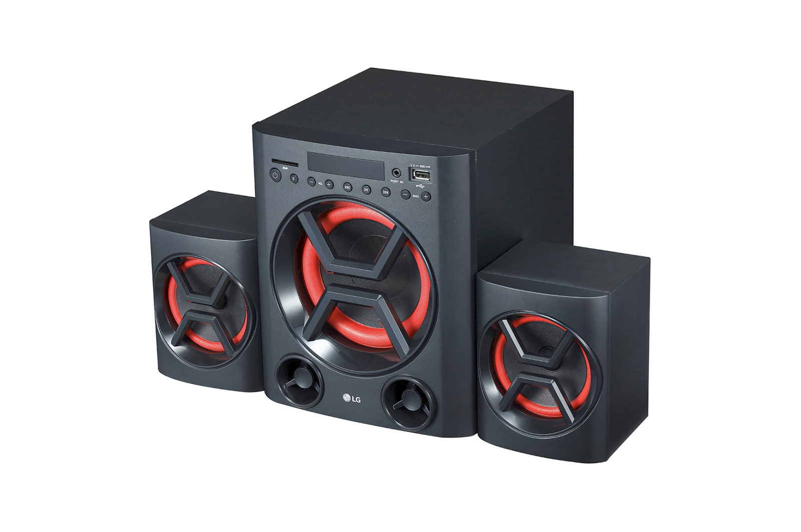 Conjunto de Altavoces 2.1 LG XBOOM LK72B 40 W, Bluetooth, USB, Ranura Tarjeta SD, Radio FM, Ecualizador, Bass Blast+, Mando a distancia, Montaje en Pared Color Negro y Rojo 